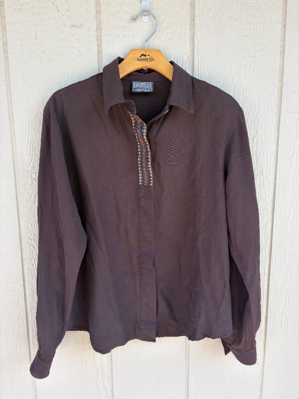 Vintage Roughrider Button Up Shirt Women's Brown M/L Embroidered Placket Western